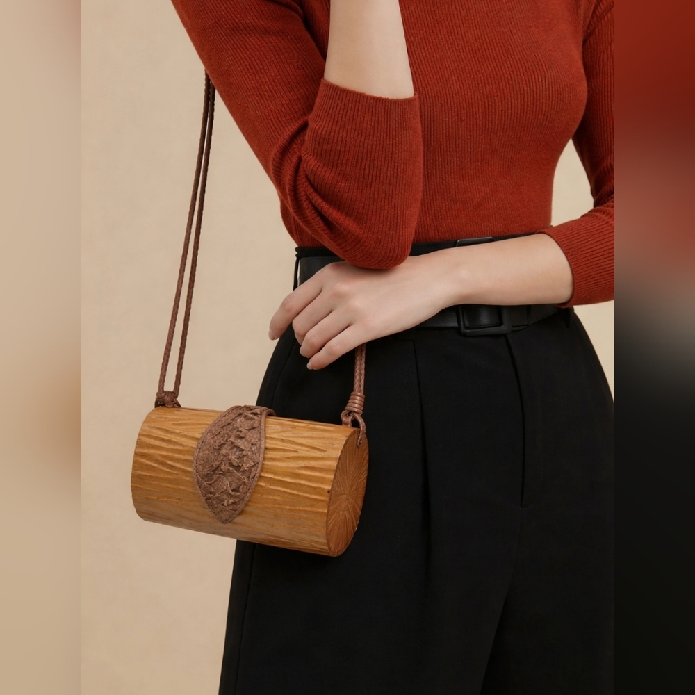 Timmy Wood Beverly Hills Collection Elegant Brown Wooden Clutch Reptile Leather
